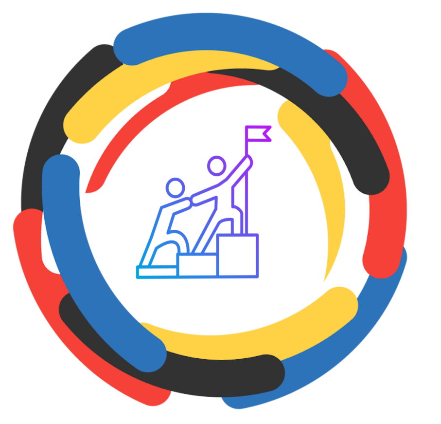 Ein Coach f&uuml;hrt seinen Kandidaten auf ein Podium.